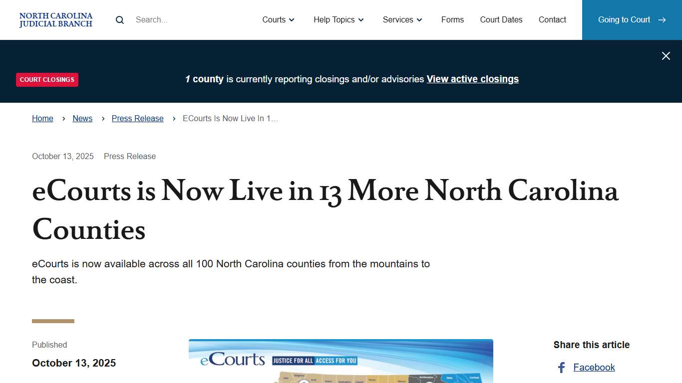 eCourts is Now Live in 13 More North Carolina Counties | North Carolina Judicial Branch