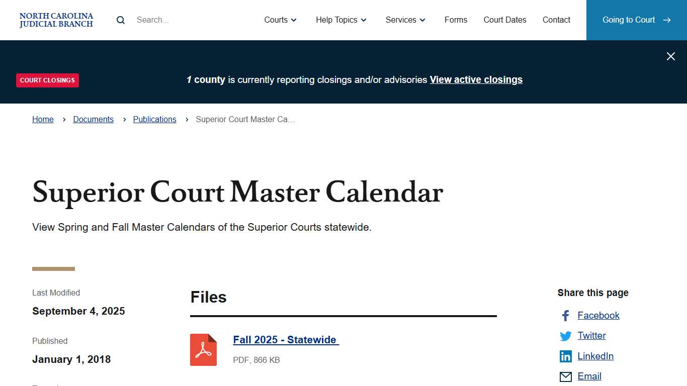 Superior Court Master Calendar | North Carolina Judicial Branch